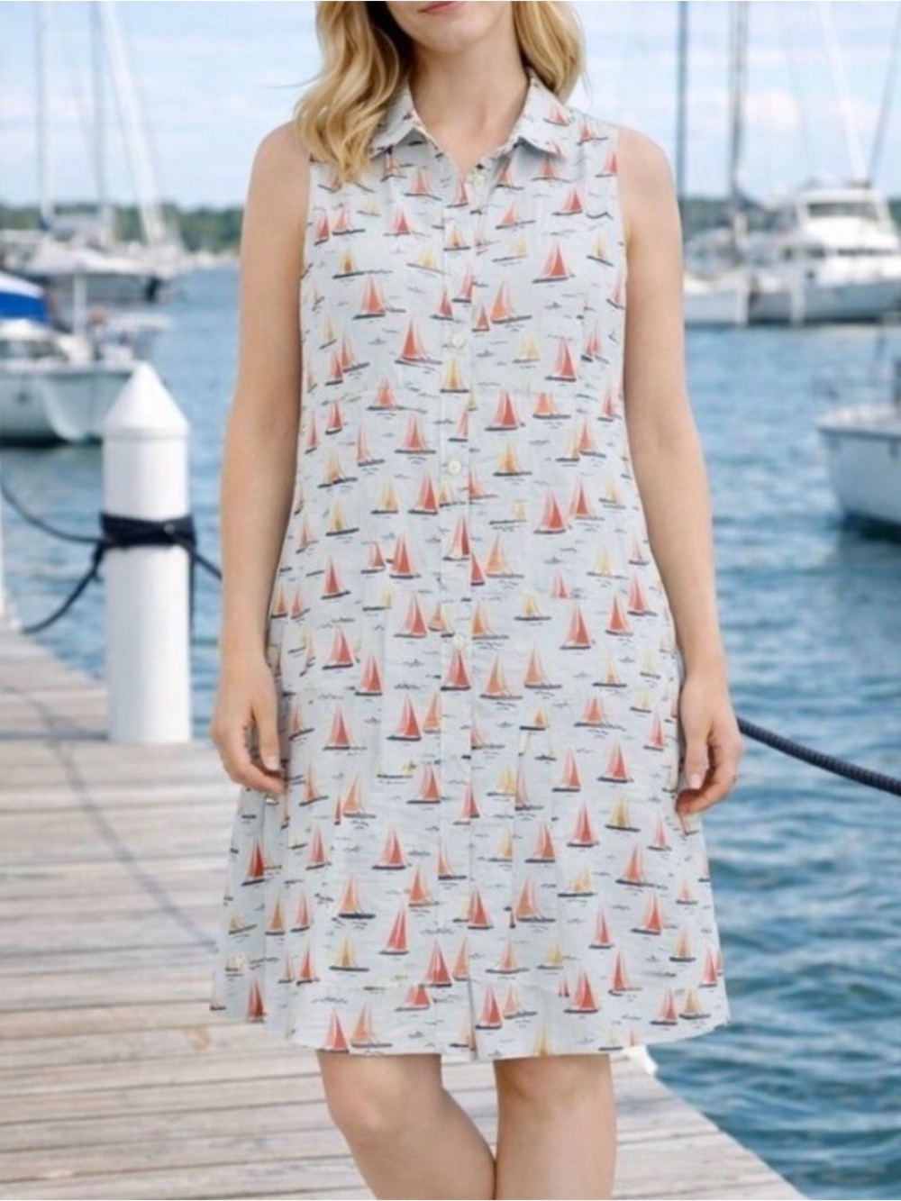 Cynthia Rowley Linen Boat Print Sleeveless Shirt Dress size S